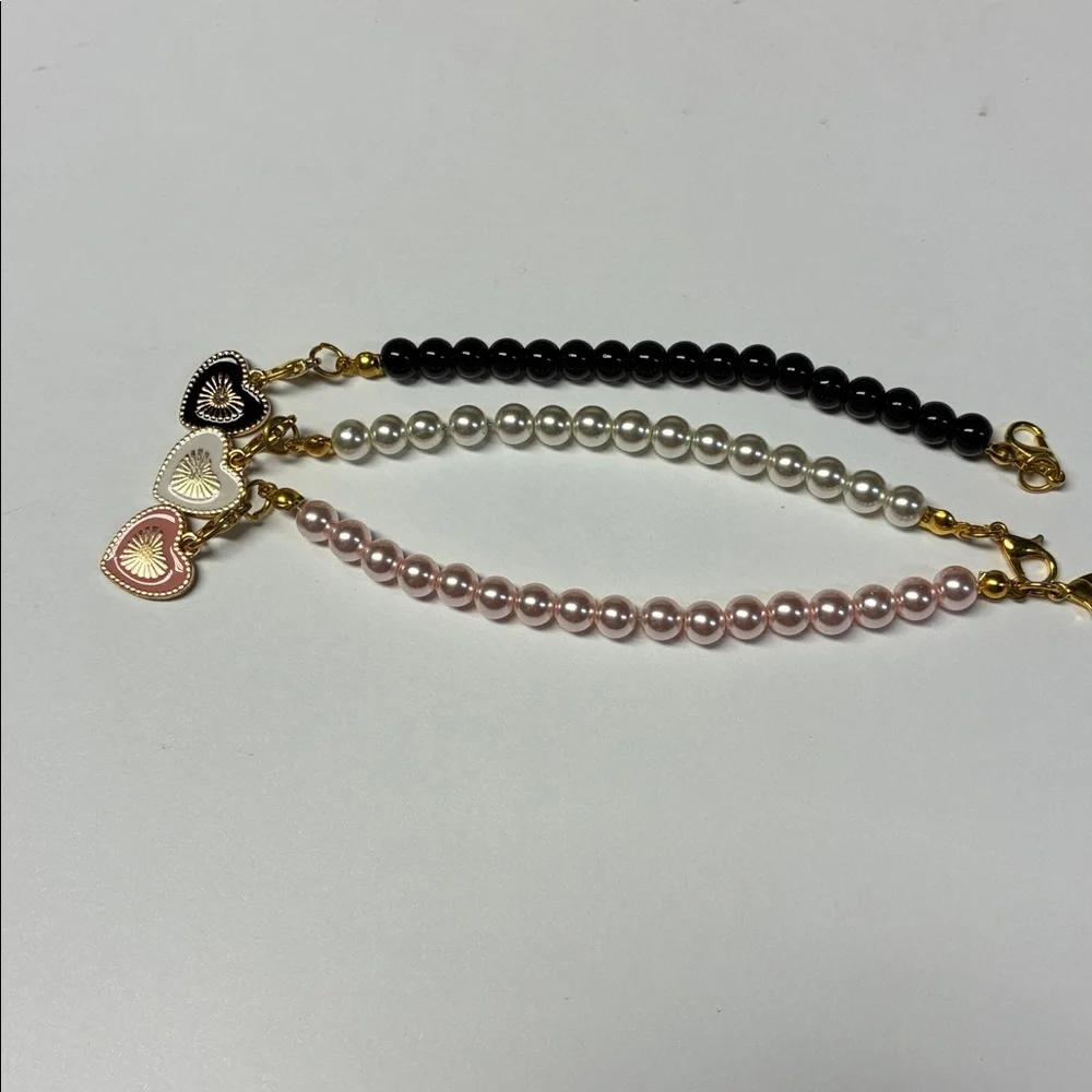 Girls Pearl Bracelet Set Pink Black White Heart Charm Initial P Gift